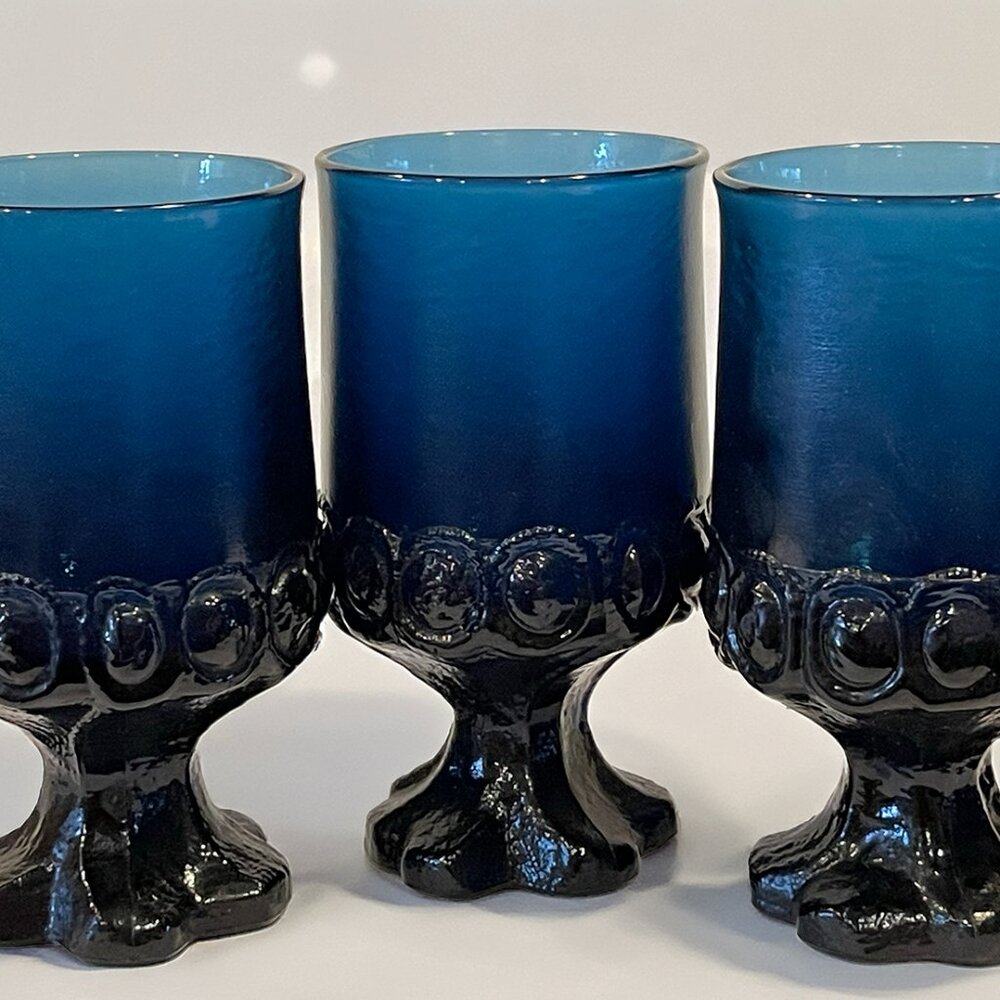 Rare Set Of 3 Tiffin Franciscan Madeira Dark Cobalt Blue juice /Wine Goblet